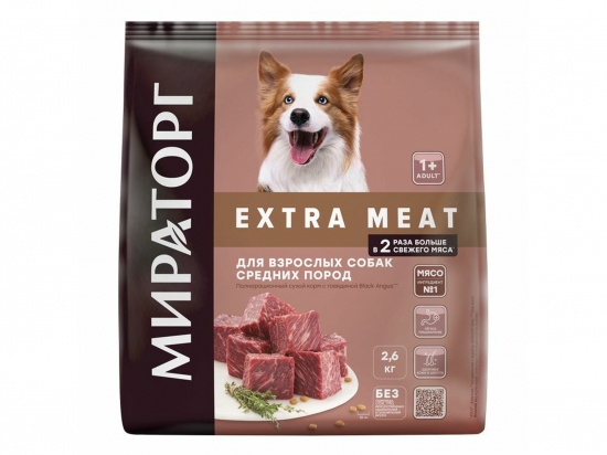 Extra Meat չոր կեր տավարի մսով Black Angus, միջին  ցեղատեսակի  շների համար 2,6կգ,1+